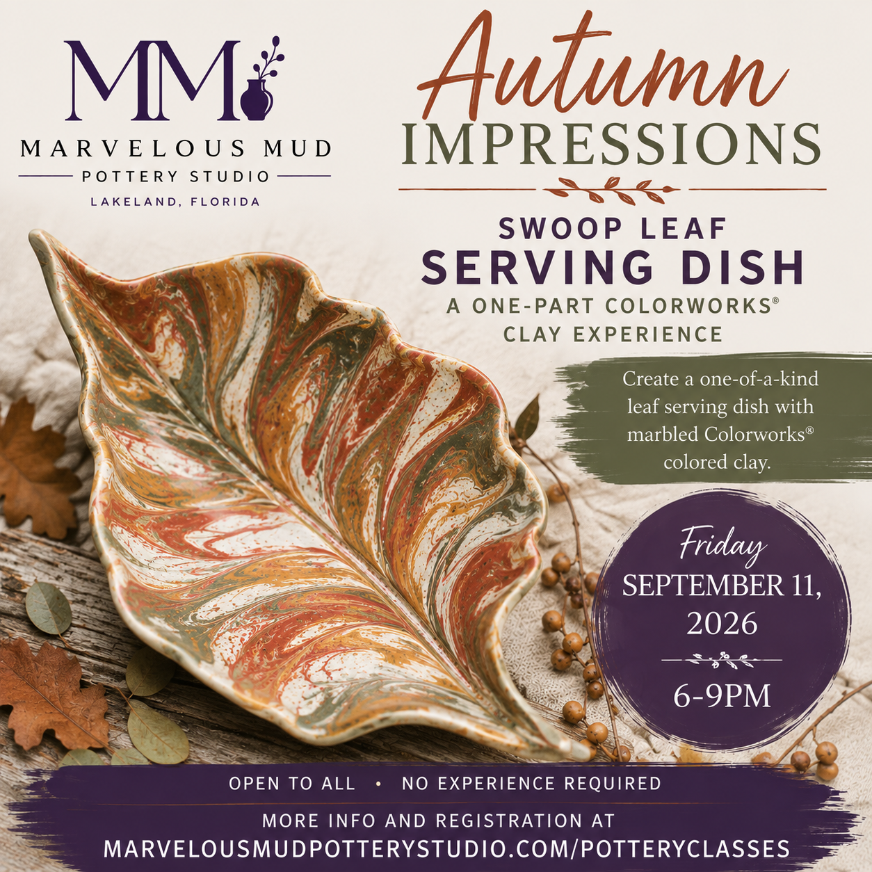 Pottery Class -Autumn Impressions Leaf Swoop Dish - 1 Part Class with Colored Clay