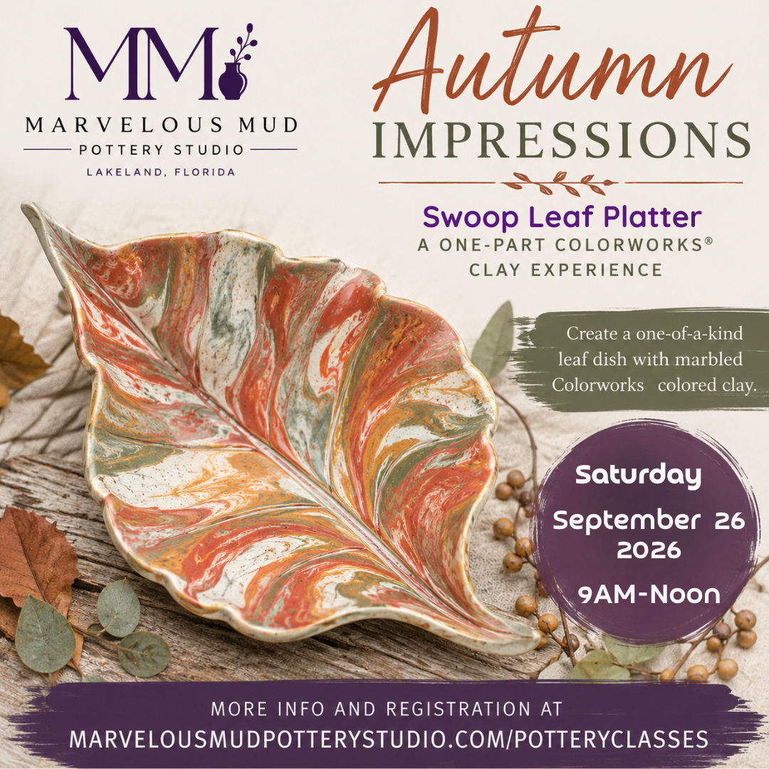 Pottery Class -Autumn Impressions Leaf Swoop Dish - 1 Part Class with Colored Clay