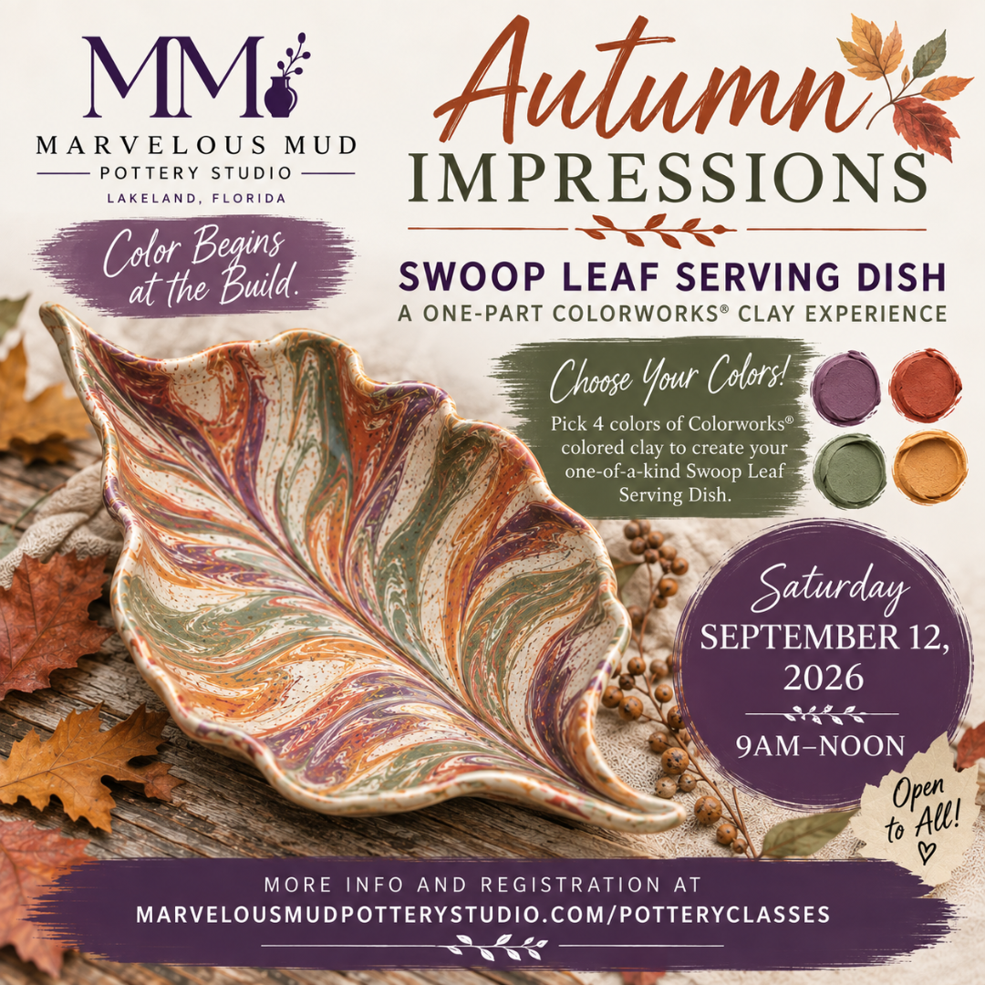 Pottery Class -Autumn Impressions Leaf Swoop Dish - 1 Part Class with Colored Clay