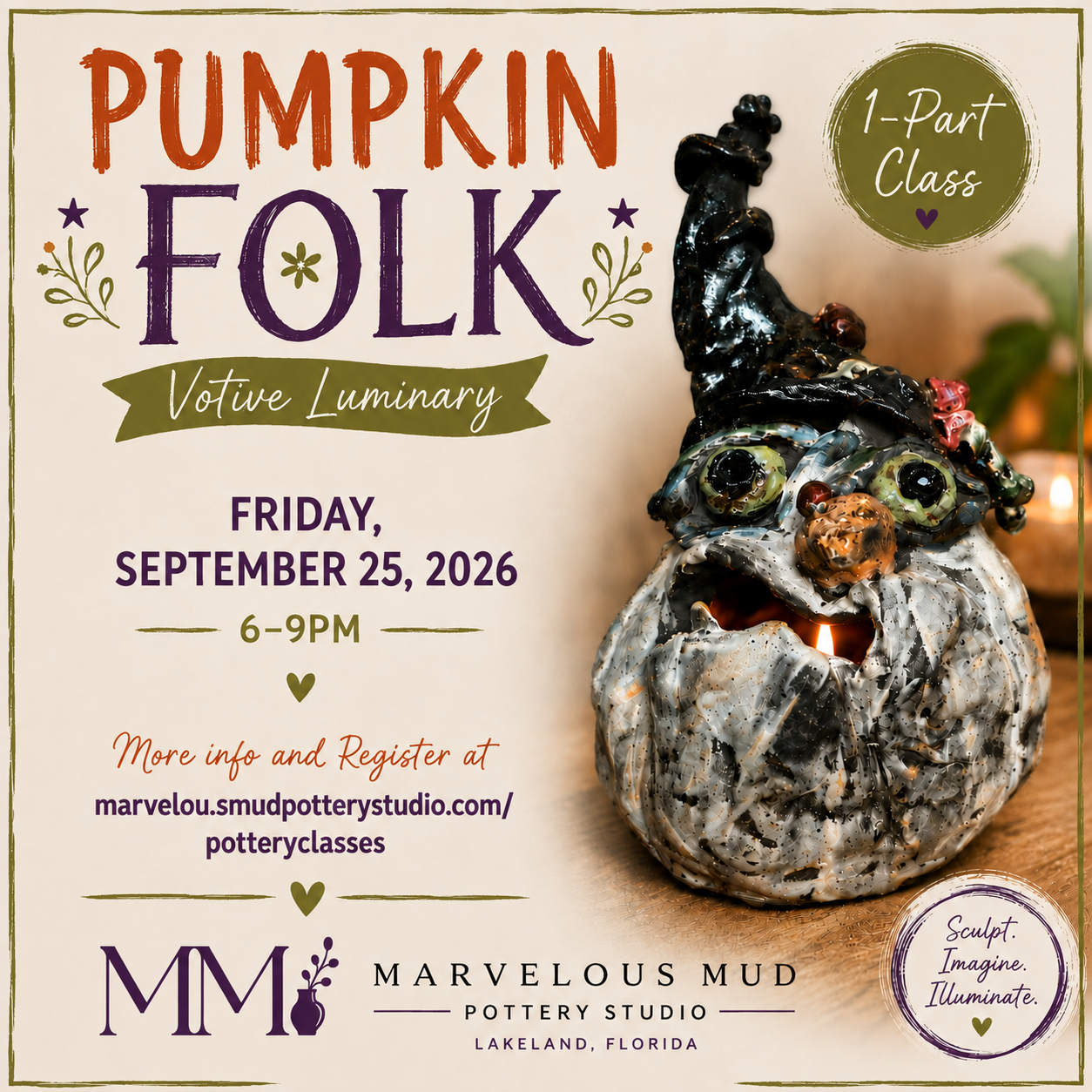 Pottery Class -Pumpkin Folk - 1 Part Class with Colored Slip