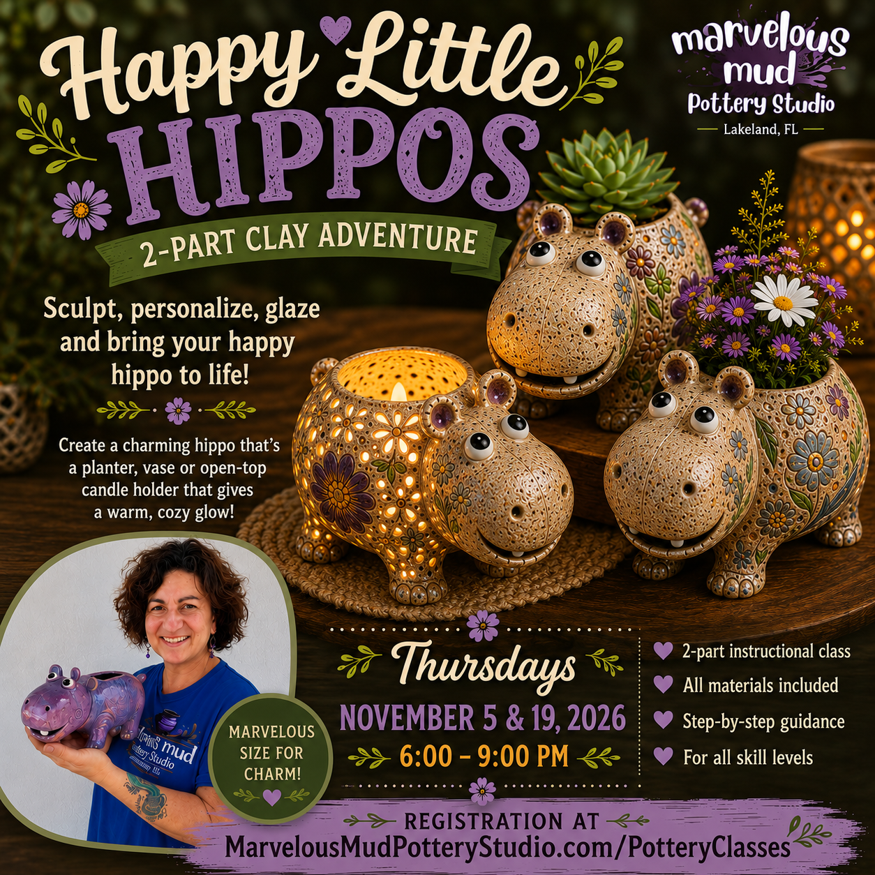 Pottery Class -Happy Little Hippo - 2 Part Clay Adventure