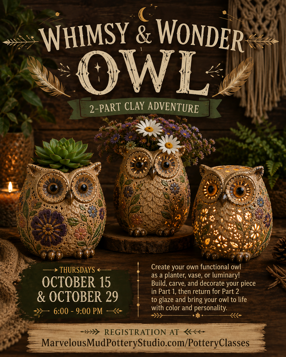 Pottery Class -Whimsy & Wonder Owl - 2 Part Clay Adventure