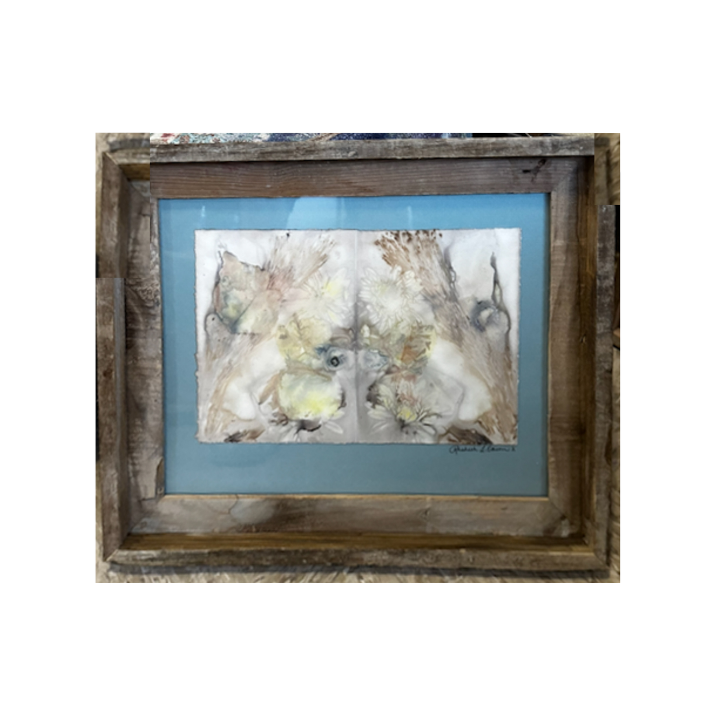 Wall Decor - Medium  ~Plant-Stained Paper ~ "Bella" - Sky Blue Mat