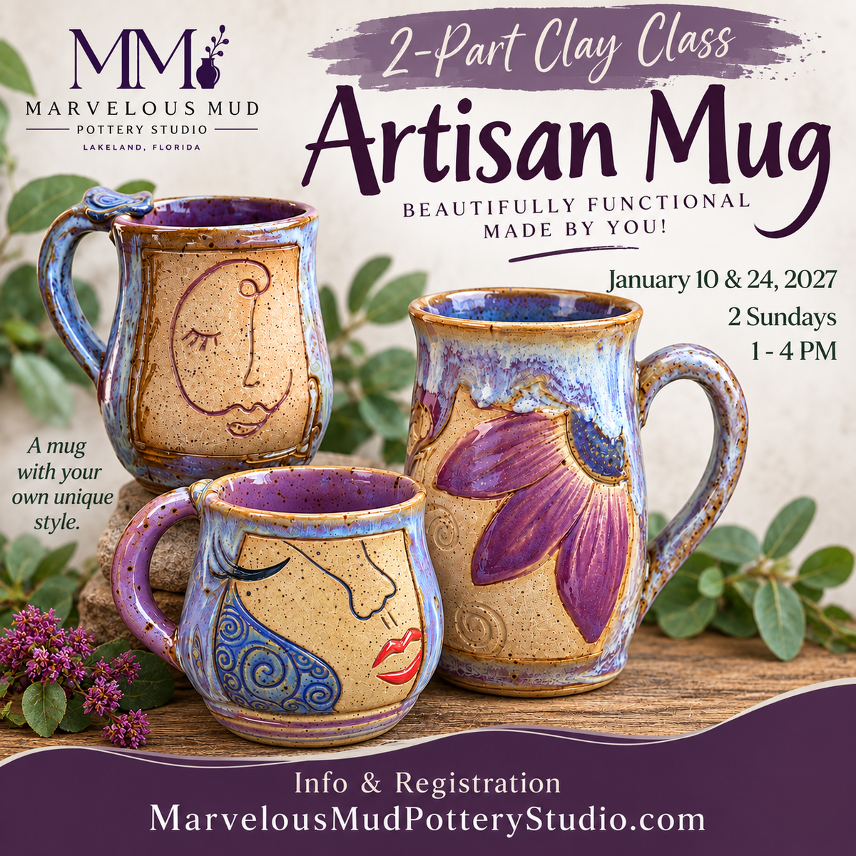 Pottery Class -Carved Artisan Mug - 2 Part Class