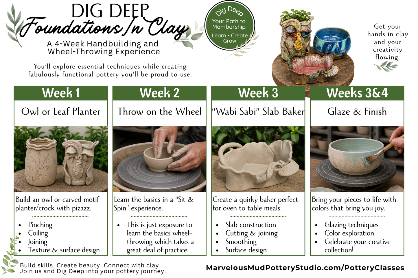 Pottery 4 Week Clay Classes - Dig Deep - Membership Prerequisite - Adult Clay Course