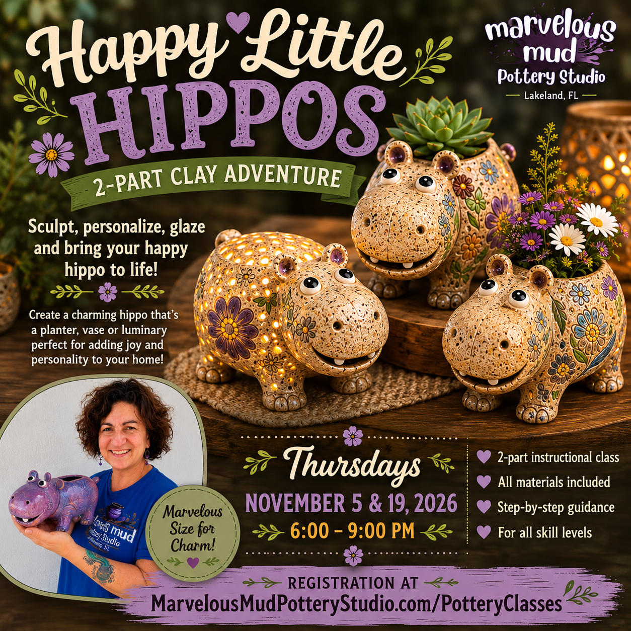 Pottery Class -Happy Little Hippo - 2 Part Clay Adventure