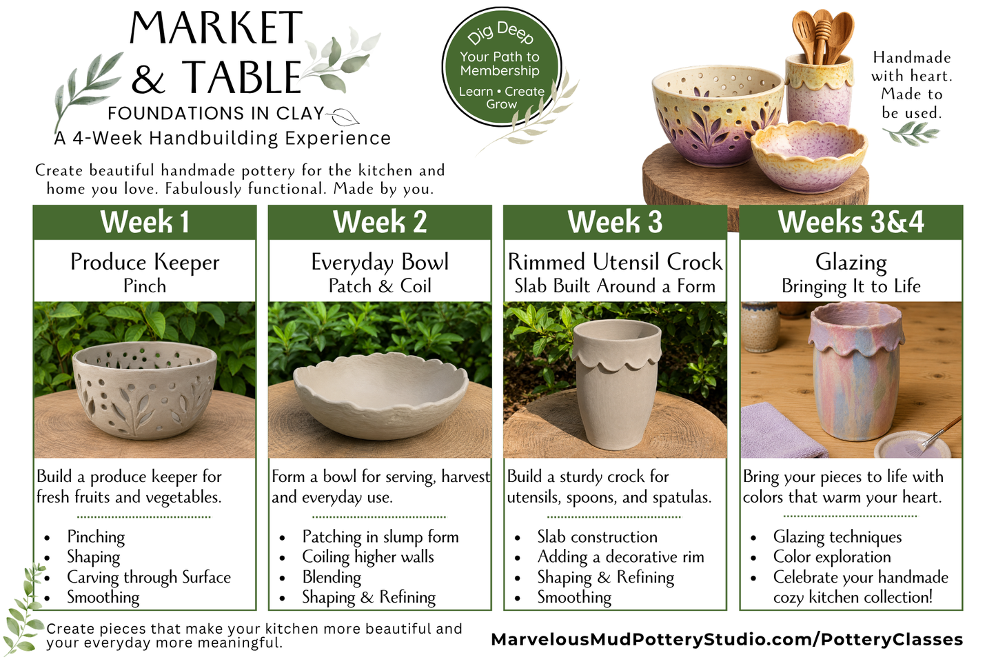Pottery 4 Week Clay Classes - Dig Deep - Membership Prerequisite - Adult Clay Course