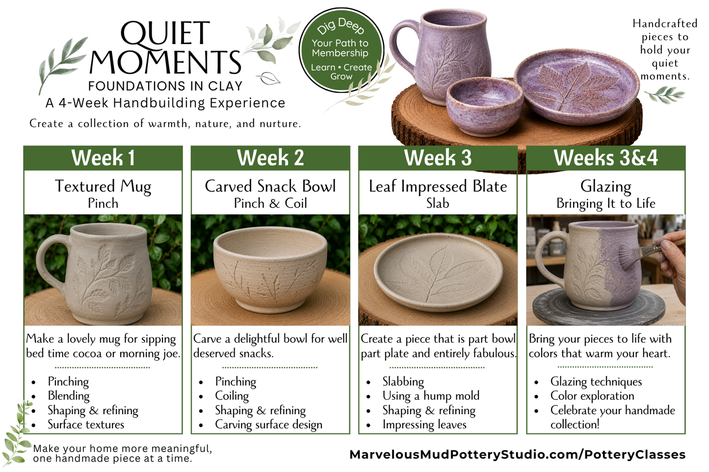 Pottery 4 Week Clay Classes - Dig Deep - Membership Prerequisite - Adult Clay Course
