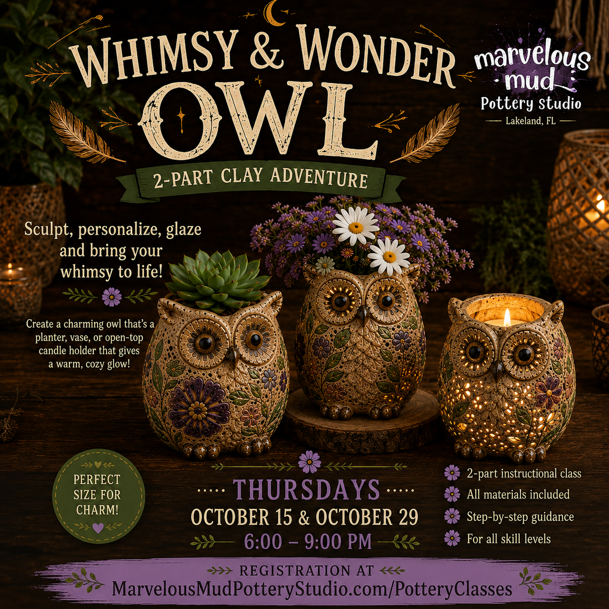 Pottery Class -Whimsy & Wonder Owl - 2 Part Clay Adventure